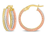 10K Yellow, White and Rose Gold Triple Row Twisted Hoop Earrings